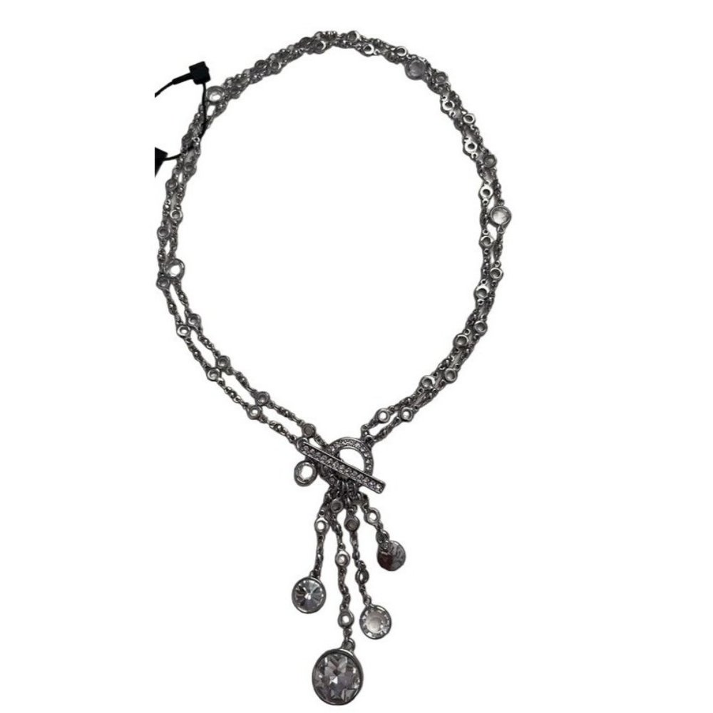 White House Black Market Convertible Silver Tone Crystal Y Drop Toggle Necklace